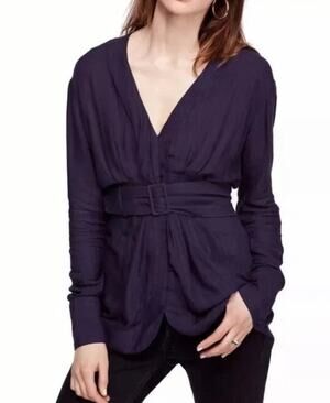 new FREE PEOPLE Back in the Spotlight dark purple belted lightweight blouse top